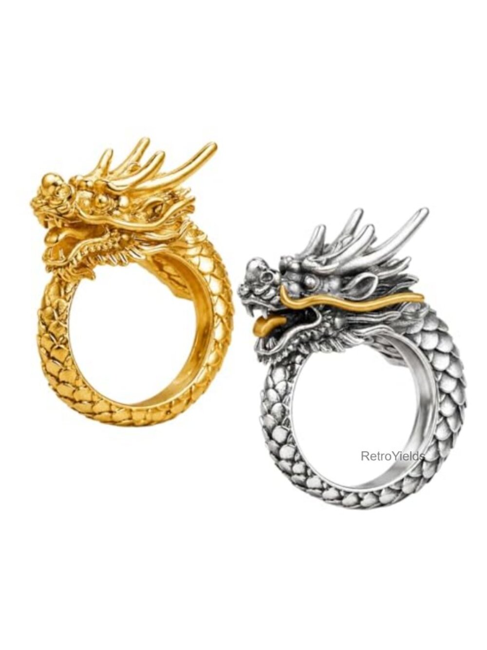 2PCS Dragon Ring Set Adjustable Open Band Vintage Thai Silver Men Women